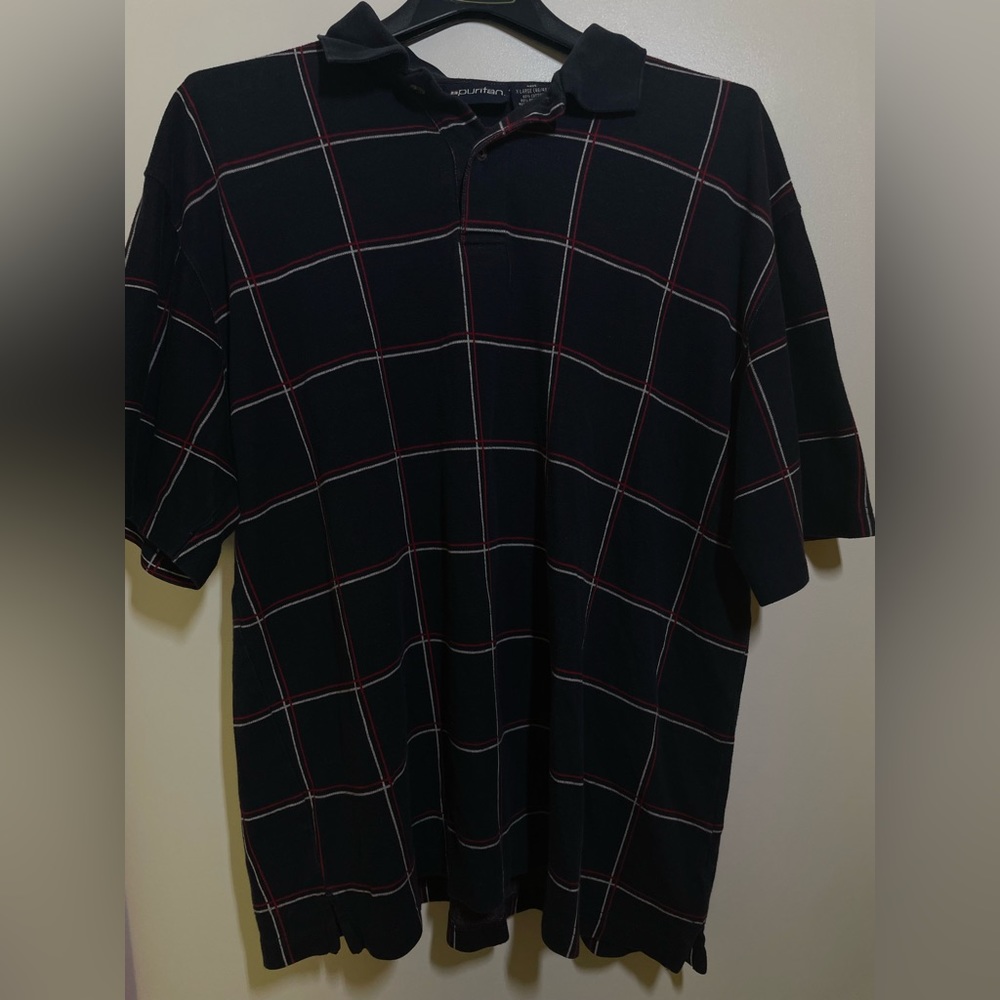 Puritan Mens XL Red Black White Striped Checkered Polo